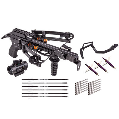 Ballista Bat Reverse compound crossbow kit with arrows broadheads optic and a brace