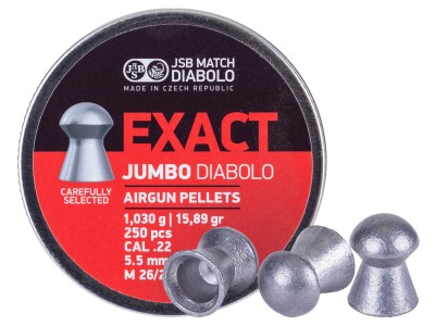JSB Match Exact Jumbo Diabolo Pellets, .22 Cal, 15.89 Grains, Domed, 250ct, 4.51mm