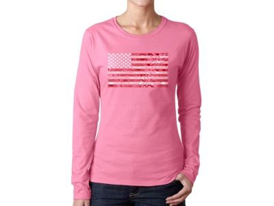 LA Pop Art Women's Word Art Long Sleeve T-Shirt - Fireworks American Flag, Small, Pink