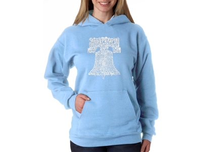 LA Pop Art Women's Word Art Hooded Sweatshirt -Liberty Bell, Small, Blue