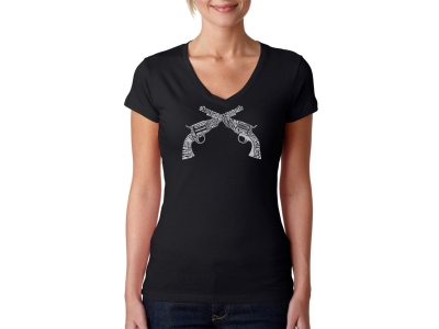 LA Pop Art Women's Word Art V-Neck T-Shirt - CROSSED PISTOLS, Large, Black