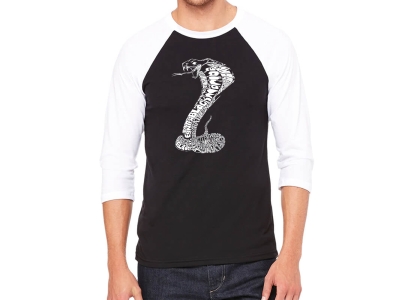 LA Pop Art Men's Raglan Baseball Word Art T-shirt - Types of Snakes, Large, Black/White