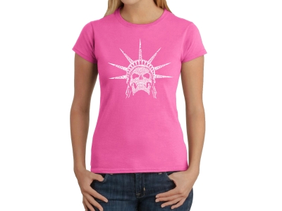LA Pop Art Women's Word Art T-Shirt - Freedom Skull, Large, Pink
