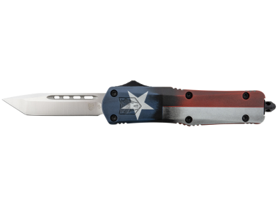 CobraTec 3" D2 OTF Tanto Knife Satin Blade Texas Flag Aluminum Handle