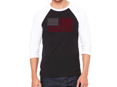 LA Pop Art Men's Raglan Baseball Word Art T-shirt - God Bless America, XXL, Black/White