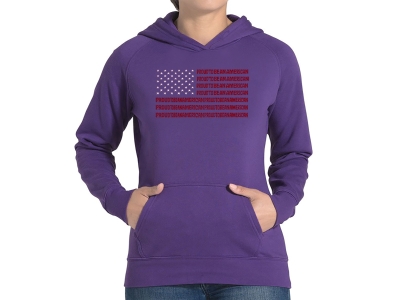 LA Pop Art Proud To Be An American - Women's Word Art Hooded Sweatshirt, Small, Purple