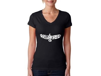 LA Pop Art Women's Word Art V-Neck T-Shirt - Wild and Free Eagle, Small, Black