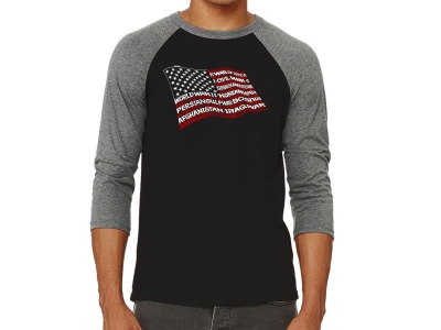 LA Pop Art Men's Raglan Baseball Word Art T-shirt - American Wars Tribute Flag, XXXL, Grey
