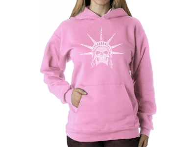 LA Pop Art Women's Word Art Hooded Sweatshirt - Freedom Skull, Medium, Pink