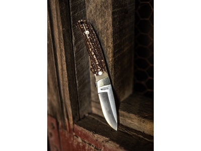 Uncle Henry 2.8" Fixed Drop Point Hunting Knife, Staglon Handle, Sheath & Stone