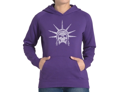 LA Pop Art Women's Word Art Hooded Sweatshirt - Freedom Skull, Small, Purple