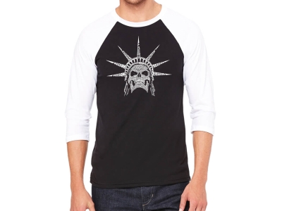 LA Pop Art Men's Raglan Baseball Word Art T-shirt - Freedom Skull, XXXL, Black/White