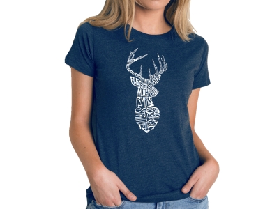 LA Pop Art Women's Premium Blend Word Art T-shirt - Types of Deer, Extra Large, Navy Blue