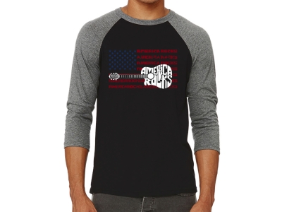 LA Pop Art America Rocks - Men's Raglan Baseball Word Art T-Shirt, Large, Grey
