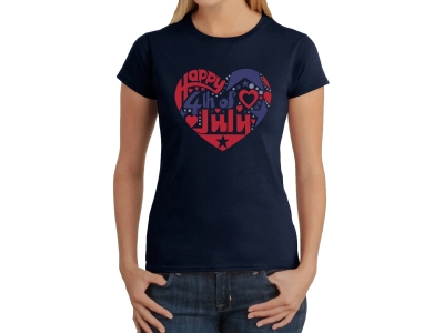 LA Pop Art Women's Word Art T-Shirt - July 4th Heart, Large, Navy Blue