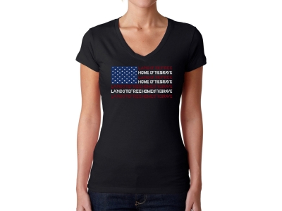 LA Pop Art Women's Word Art V-Neck T-Shirt - Land of the Free American Flag, Small, Black
