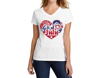 LA Pop Art Women's Word Art V-Neck T-Shirt - July 4th Heart, Medium, White