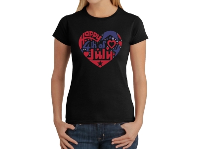 LA Pop Art Women's Word Art T-Shirt - July 4th Heart, Medium, White