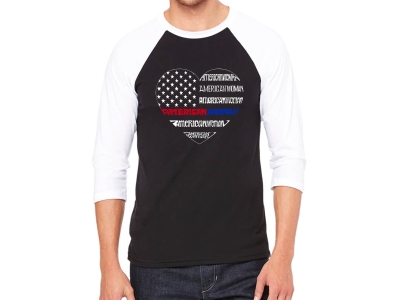 LA Pop Art Men's Raglan Baseball Word Art T-shirt - American Woman, Extra Large, Black/White