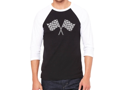 LA Pop Art Men's Raglan Baseball Word Art T-shirt - RACE TRACKS, Extra Large, Black/White