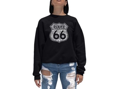 LA Pop Art Women's Word Art Crewneck Sweatshirt - Route 66 - Life is a Highway, Medium, Black