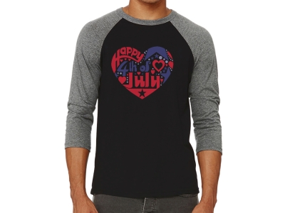 LA Pop Art Men's Raglan Baseball Word Art T-shirt - July 4th Heart, Extra Large, Grey