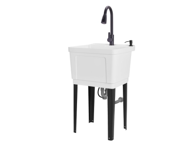 Jumbl Freestanding Utility Sink with Pull-Down Faucet, Iron Legs, White