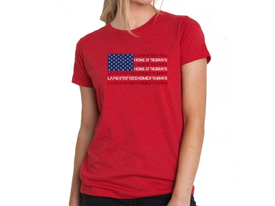 LA Pop Art Women's Premium Blend Word Art T-shirt- Land of the Free American Flag, Small, Red