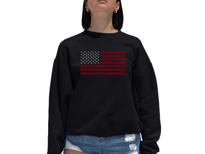 LA Pop Art Women's Word Art Crewneck Sweatshirt - USA Flag, Extra Large, Black