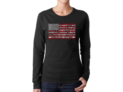 LA Pop Art Women's Word Art Long Sleeve T-Shirt - Fireworks American Flag, Extra Large, Black
