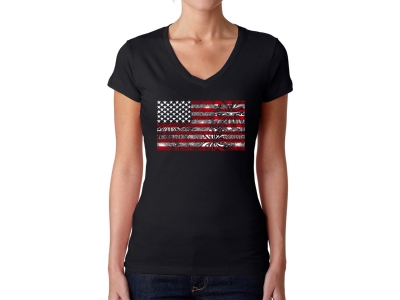 LA Pop Art Women's Word Art V-Neck T-Shirt - Fireworks American Flag, Extra Large, Black