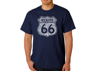 LA Pop Art Men's Word Art T-shirt - Route 66 - Life is a Highway, Small, Navy Blue