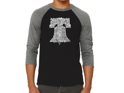 LA Pop Art Men's Raglan Baseball Word Art T-shirt - Liberty Bell, Small, Grey