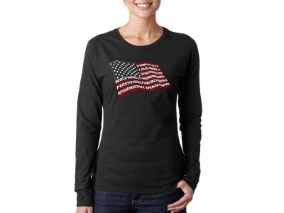 LA Pop Art Women's Word Art Long Sleeve T-Shirt - American Wars Tribute Flag, Extra Large, Black