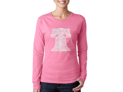 LA Pop Art Women's Word Art Long Sleeve T-Shirt - Liberty Bell, Small, Pink