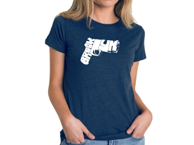 LA Pop Art Women's Premium Blend Word Art T-shirt - BROOKLYN GUN, Small, Navy Blue