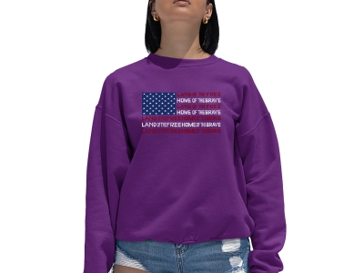 LA Pop Art Women's Word Art Crewneck Sweatshirt - Land of the Free American Flag, XXL, Purple