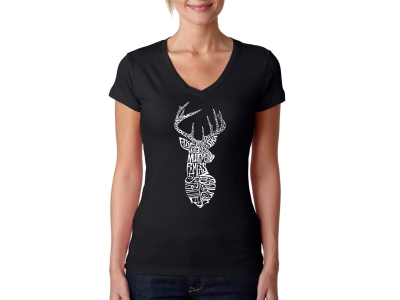 LA Pop Art Women's Word Art V-Neck T-Shirt - Types of Deer