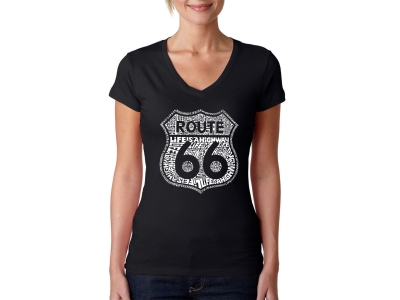 LA Pop Art Women's Word Art V-Neck T-Shirt - Route 66 - Life is a Highway, Medium, Black