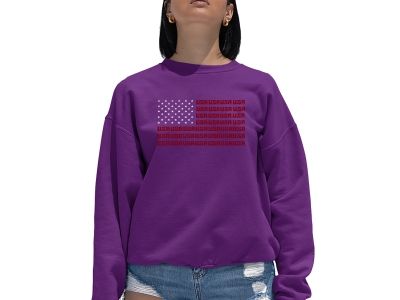 LA Pop Art Women's Word Art Crewneck Sweatshirt - USA Flag, Extra Large, Purple