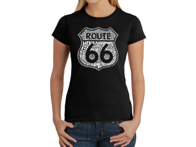 LA Pop Art Women's Word Art T-Shirt - Route 66 - Life is a Highway, Extra Large, Black