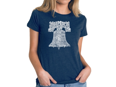 LA Pop Art Women's Premium Blend Word Art T-shirt - Liberty Bell, Large, Navy Blue