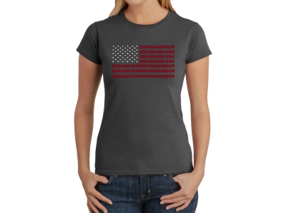LA Pop Art Women's Word Art T-Shirt - USA Flag, Medium, Grey