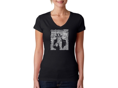 LA Pop Art Women's Word Art V-Neck T-Shirt - UNCLE SAM, Medium, Black