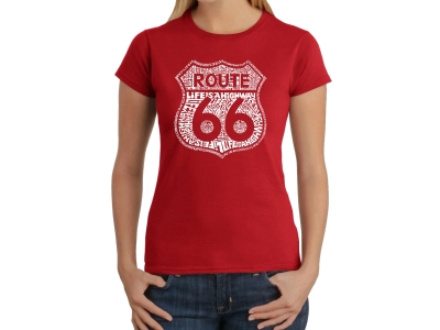 LA Pop Art Women's Word Art T-Shirt - Route 66 - Life is a Highway, Medium, Red
