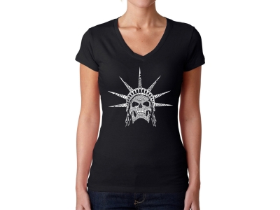 LA Pop Art Women's Word Art V-Neck T-Shirt - Freedom Skull, Small, Black