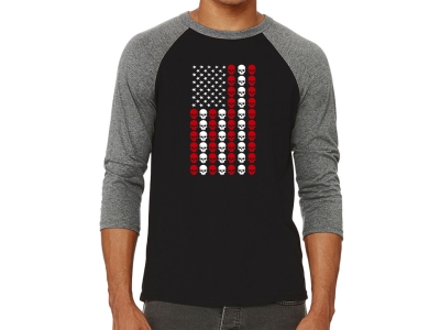 LA Pop Art Skull Flag - Men's Raglan Baseball Word Art T-Shirt, Extra Large, Grey