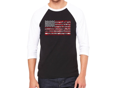 LA Pop Art Men's Raglan Baseball Word Art T-shirt - Fireworks American Flag, Extra Large, Black/White