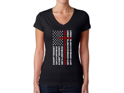 LA Pop Art Cross Flag - Women's Word Art V-Neck T-Shirt, XXXL, Black