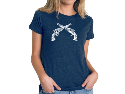 LA Pop Art Women's Premium Blend Word Art T-shirt - CROSSED PISTOLS, Large, Navy Blue